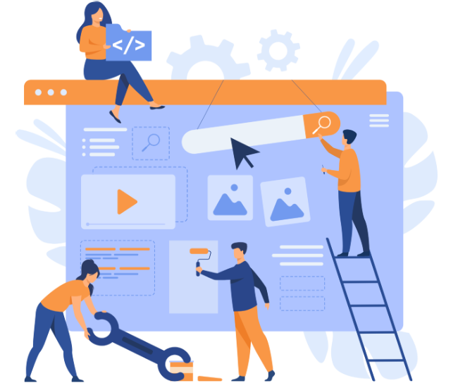 Illustration of a designer creating a custom website with tools and color palette.