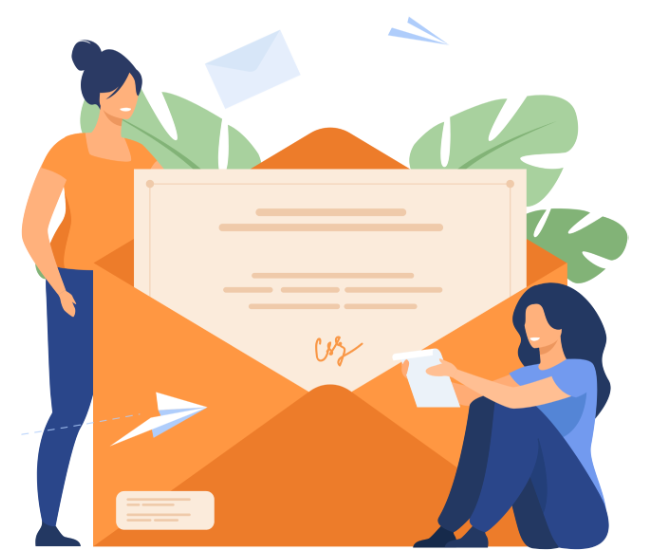 Two women reading letters with a large envelope symbolizing email marketing