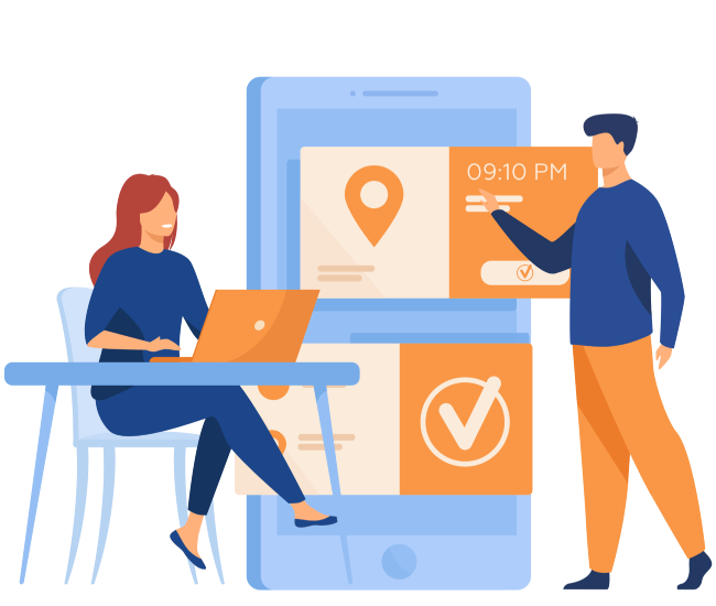 Team in office with location icons and phone for Google Business Profile