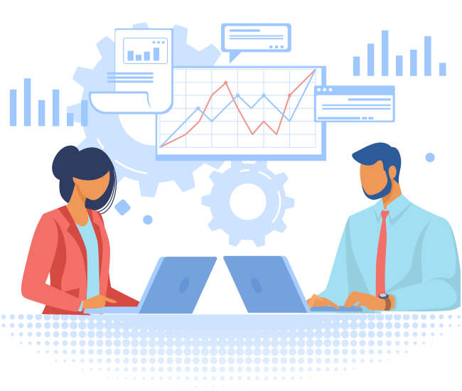 Two people brainstorming ideas with cogs and charts representing advanced features