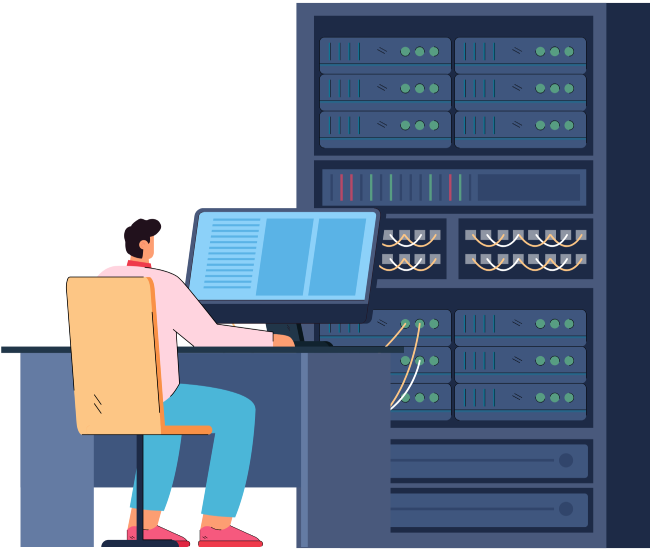 Man working on a computer connected to a server rack for hosting services