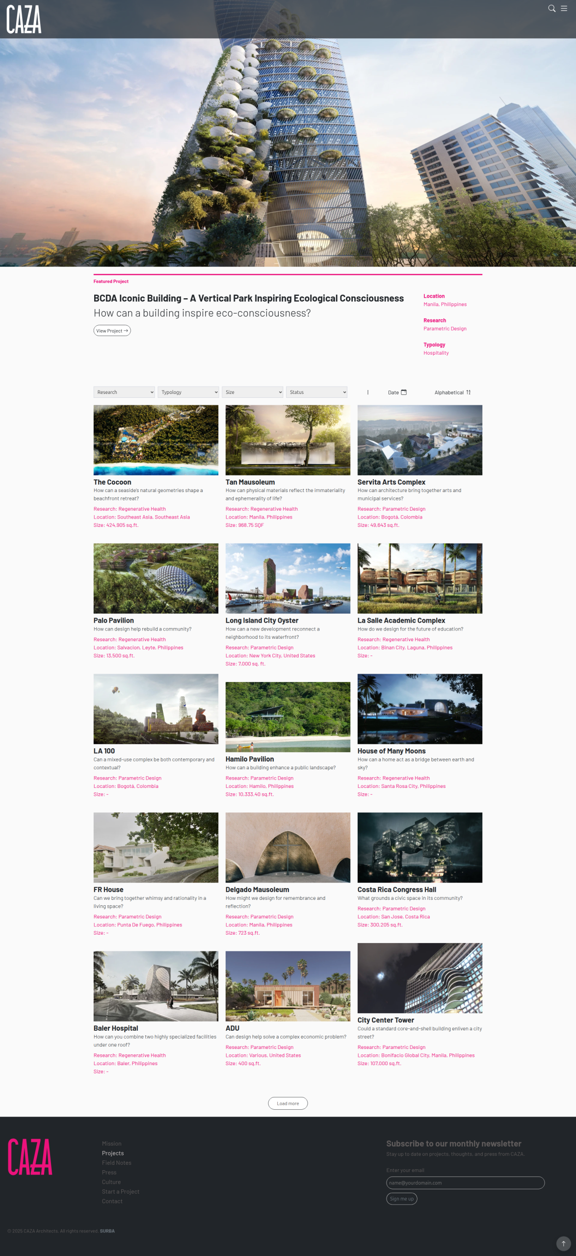 Architecture website with custom filters and layout